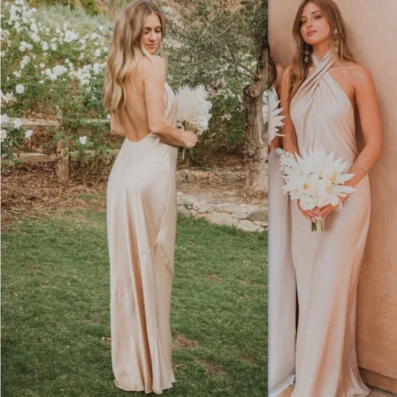 shantung halter neck dress Margot Floor-Length Halter Bridesmaid Dress main image 1